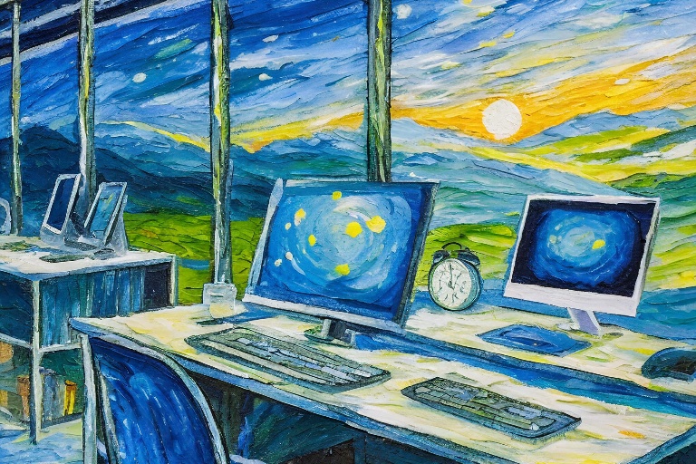 AI generated image of a painting in the style of Vincent Van Gough depicting a computer laboratory.